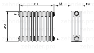 Схема (чертеж) Радиатор Zehnder Charleston 4060/9 №1670 Белый глянцевый RAL 9016